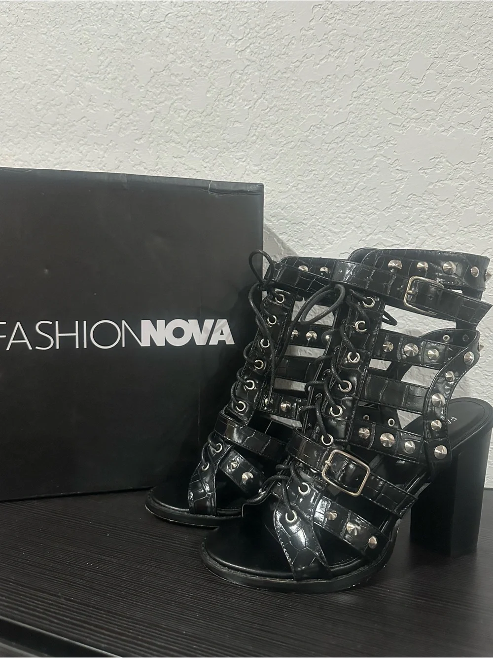 Fashion Nova Black Studded Cage Lace-Up Heels size 7.5